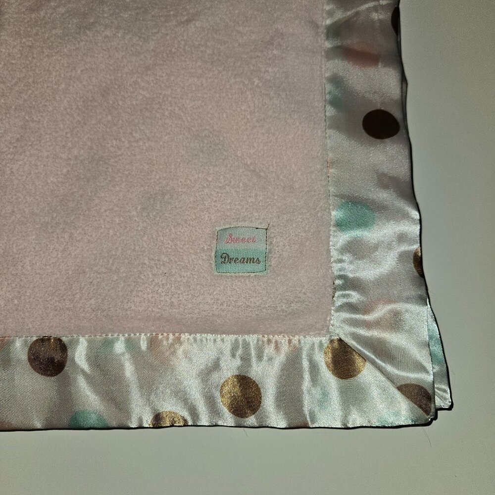Sweet Dreams Kids Korner Pink Polka Dot Baby Blanket Lovey Fleece Brown Aqua